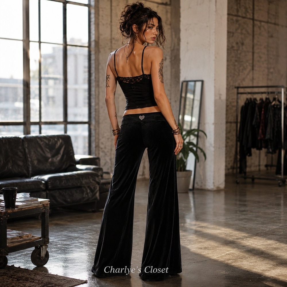 Velvet Burnout Low-Rise Flare Pants L Y2K Bling Waist Dark Romantic Goth Vamp